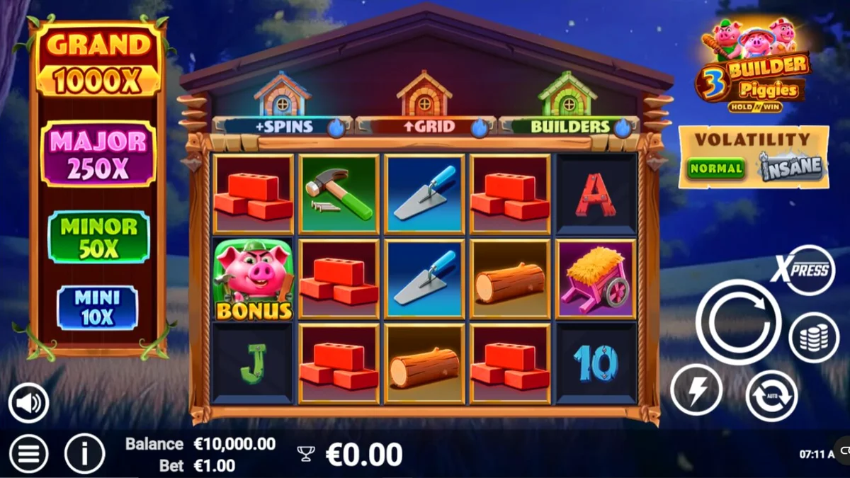 3 Builder Piggies slot game screen showing cartoon pigs and building materials