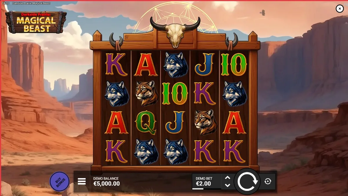 Cena cinematográfica de um bisão místico em um cenário de cânion ao entardecer no slot Darkside Prairie: Magical Beasts.
