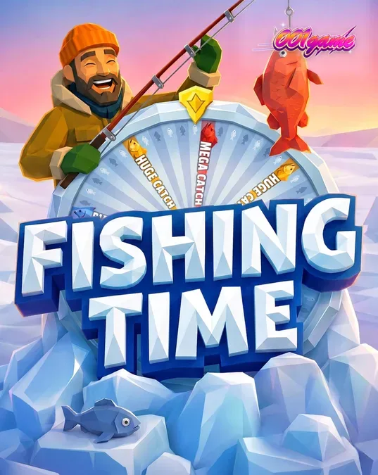 Interface do jogo Fishing Time em um dispositivo móvel exibindo a roda de bônus e o cenário nórdico.